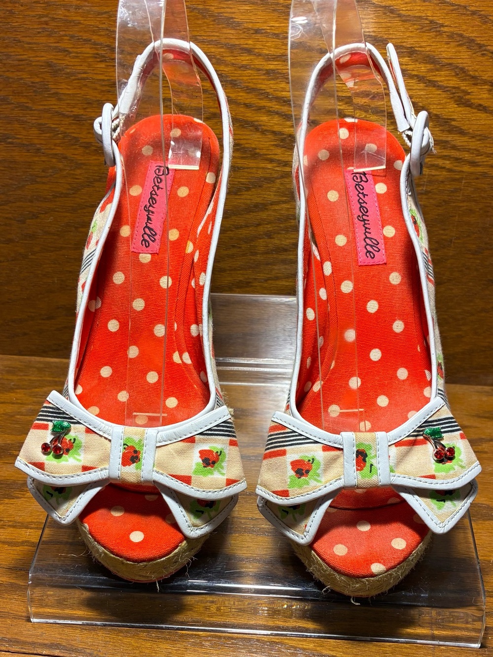 Y2K Vintage Betseyville Cherry Print Bow Slingback Espadrille Wedges Size 8.5 - Picture 2 of 13